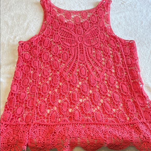 Open Knit Boho Bow Swim Cover Scalloped Hem Bright Coral Bohemian Festival - Picture 8 of 8